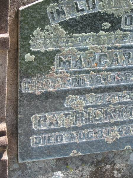 Margaret LEO,  | wife mother,  | died 18 April 1956 aged 81 years;  | Patrick (Tom) LEO,  | father,  | died 31 Aug 1962 aged 83? years;  | Moore-Linville general cemetery, Esk Shire  | 