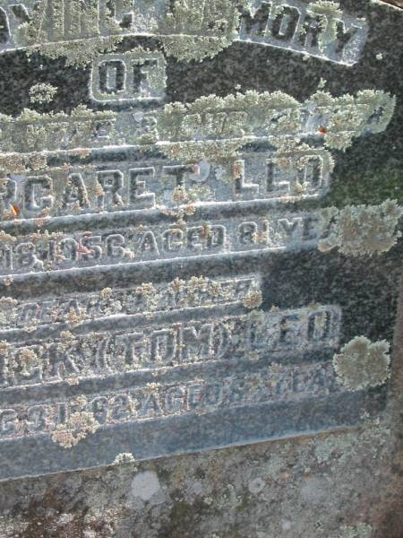 Margaret LEO,  | wife mother,  | died 18 April 1956 aged 81 years;  | Patrick (Tom) LEO,  | father,  | died 31 Aug 1962 aged 83? years;  | Moore-Linville general cemetery, Esk Shire  | 