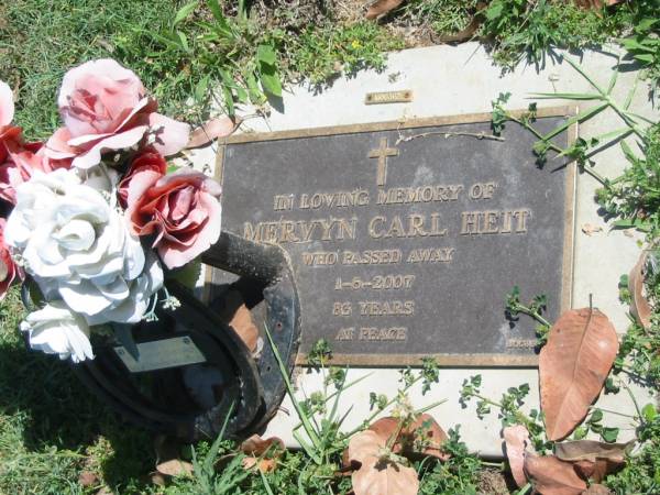 Mervyn Carl HEIT,  | died 1-6-2007 aged 83 years,  | remembered by grandchildren & great-grandchildren;  | Moore-Linville general cemetery, Esk Shire  | 