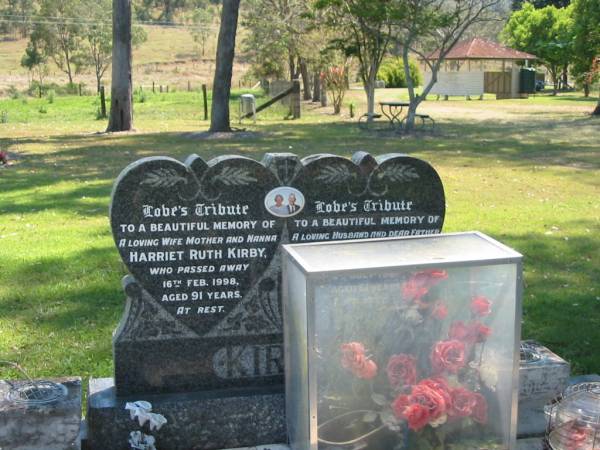 Harriet Ruth KIRBY,  | wife mother nanna,  | died 16 Feb 1998 aged 91 years;  | John Edward KIRBY,  | husband father,  | died 2 July 1961 aged 61 years;  | Moore-Linville general cemetery, Esk Shire  | 