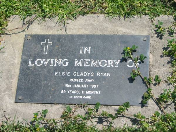 Elsie Gladys RYAN,  | died 15 Jan 1997 aged 89 years 11 months;  | Moore-Linville general cemetery, Esk Shire  | 