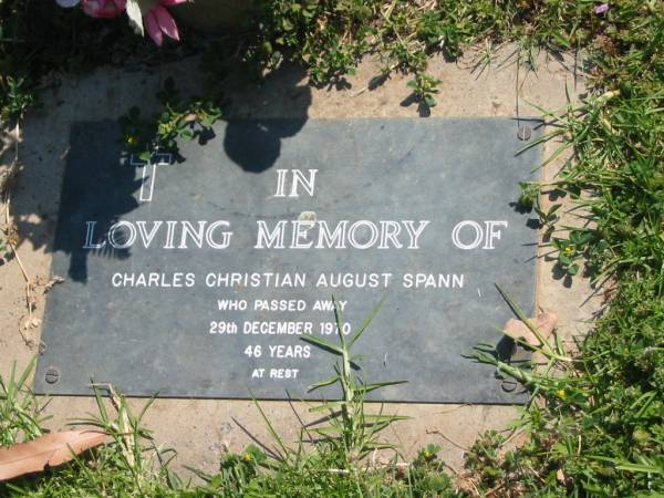 Charles Christian August SPANN,  | died 29 Dec 1970 aged 46 years;  | Moore-Linville general cemetery, Esk Shire  | 