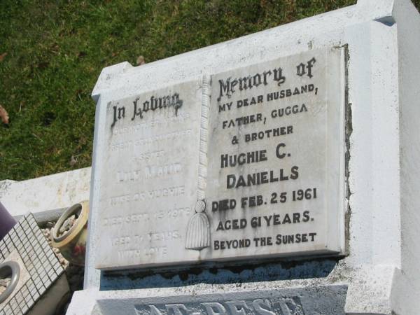 Lily Maud,  | wife of Hughie,  | mother nanna great-grandmother sister,  | died 15 Sept 1976 aged 71 years;  | Hughie C. DANIELLS,  | husband father gugga brother,  | died 25 Feb 1961 aged 61 years;  | Ailsa Marjorie PEISKER,  | wife mother,  | aged 59 years;  | Scott Daniell PEISKER,  | son,  | aged 15 years;  | Donald Ethan? PEISKER;  | Moore-Linville general cemetery, Esk Shire  | 