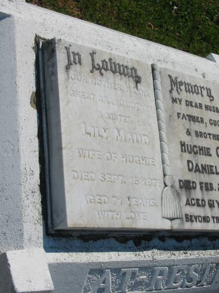 Lily Maud,  | wife of Hughie,  | mother nanna great-grandmother sister,  | died 15 Sept 1976 aged 71 years;  | Hughie C. DANIELLS,  | husband father gugga brother,  | died 25 Feb 1961 aged 61 years;  | Ailsa Marjorie PEISKER,  | wife mother,  | aged 59 years;  | Scott Daniell PEISKER,  | son,  | aged 15 years;  | Donald Ethan? PEISKER;  | Moore-Linville general cemetery, Esk Shire  | 