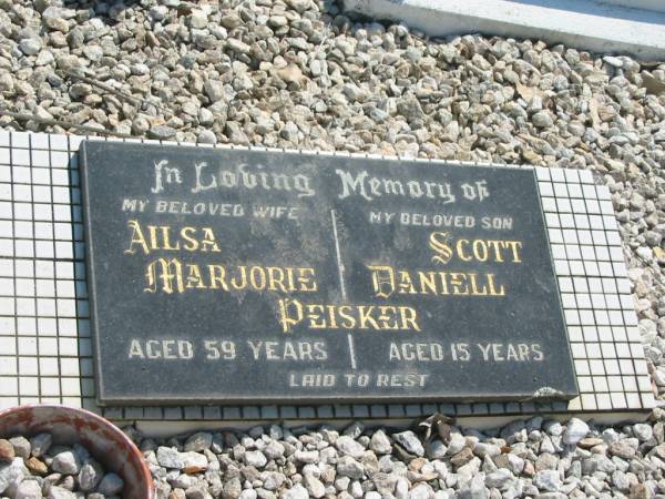 Lily Maud,  | wife of Hughie,  | mother nanna great-grandmother sister,  | died 15 Sept 1976 aged 71 years;  | Hughie C. DANIELLS,  | husband father gugga brother,  | died 25 Feb 1961 aged 61 years;  | Ailsa Marjorie PEISKER,  | wife mother,  | aged 59 years;  | Scott Daniell PEISKER,  | son,  | aged 15 years;  | Donald Ethan? PEISKER;  | Moore-Linville general cemetery, Esk Shire  | 