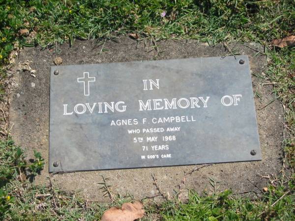 Agnes F. CAMPBELL,  | died 5 May 1968 aged 71 years;  | Moore-Linville general cemetery, Esk Shire  | 