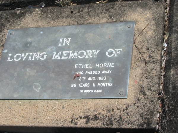 Frank HORNE,  | husband father,  | died 10 Jan 1959 aged 82 years;  | Ethel HORNE,  | mum,  | died 8 Aug 1983 aged 96 years 11 months;  | Reginald Enoch HORNE,  | died 12-10-1972 aged 56 years;  | Moore-Linville general cemetery, Esk Shire  | 