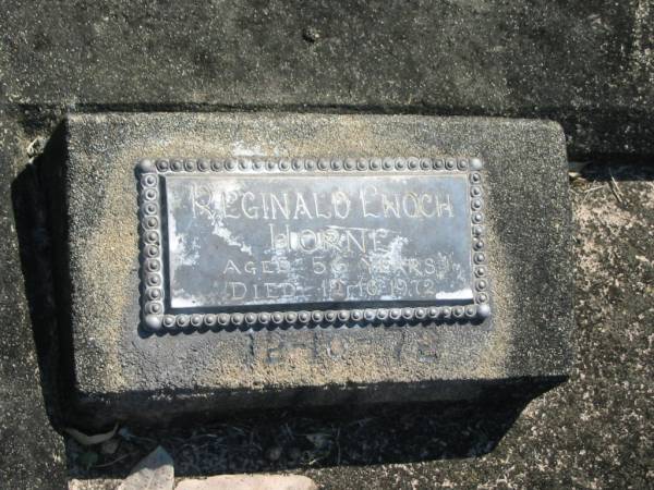 Frank HORNE,  | husband father,  | died 10 Jan 1959 aged 82 years;  | Ethel HORNE,  | mum,  | died 8 Aug 1983 aged 96 years 11 months;  | Reginald Enoch HORNE,  | died 12-10-1972 aged 56 years;  | Moore-Linville general cemetery, Esk Shire  | 