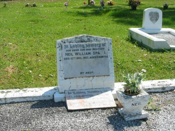 Neil William SPANN,  | son brother,  | died 12 Dec 1957 aged 11 months;  | Clare Ethel SPANN,  | 31-5-1933 - 8-7-1993;  | Robert Arnold SPANN,  | 1-12-1929 - 9-2-1994;  | Moore-Linville general cemetery, Esk Shire  | 