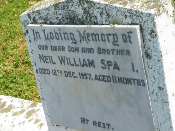 Neil William SPANN,  | son brother,  | died 12 Dec 1957 aged 11 months;  | Clare Ethel SPANN,  | 31-5-1933 - 8-7-1993;  | Robert Arnold SPANN,  | 1-12-1929 - 9-2-1994;  | Moore-Linville general cemetery, Esk Shire  | 
