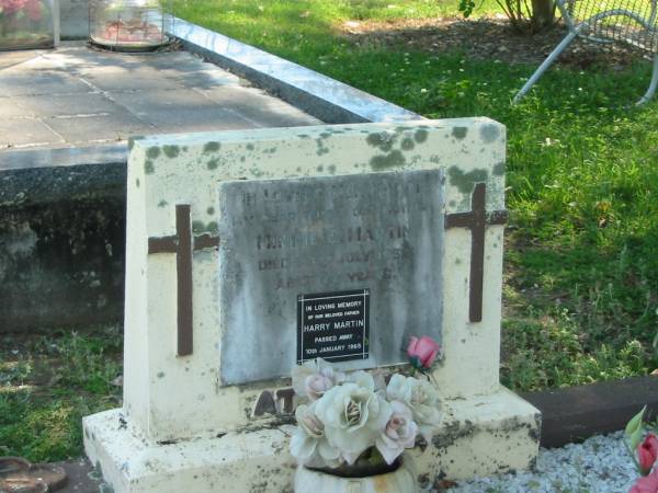 Minnie E. MARTIN,  | wife mother,  | died 23 July 1953 aged 66 years;  | Harry MARTIN,  | father,  | died 10 Jan 1965;  | Moore-Linville general cemetery, Esk Shire  | 