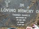 
Thomas DANIELS
7 Nov 1978, aged 55
Mt Cotton  Gramzow  Cornubia  Carbrook Lutheran Cemetery, Logan City

