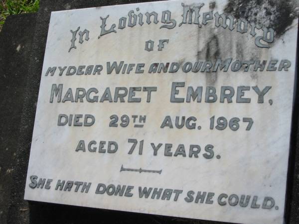 Margeret EMBREY  | d: 29 Aug 1967, aged 71  | Mt Cotton / Gramzow / Cornubia / Carbrook Lutheran Cemetery, Logan City  |   | 