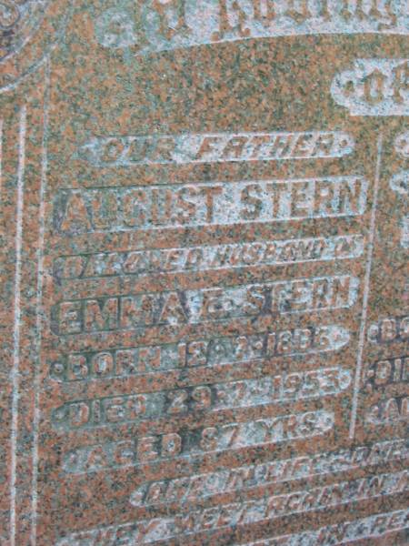 August STERN  | (husband of Emma E STERN)  | b: 12 Jul 1866, d: 29 Jul 1953, aged 87  |   | Emma E STERN  | b: 28 Nov 1868, d: 29 Nov 1941, aged 73  |   | Mt Cotton / Gramzow / Cornubia / Carbrook Lutheran Cemetery, Logan City  |   | 