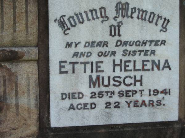 Ettie Helena MUSCH  | 25 Sep 1941, aged 22  |   | TIDDUMS  |   | Mt Cotton / Gramzow / Cornubia / Carbrook Lutheran Cemetery, Logan City  |   | 