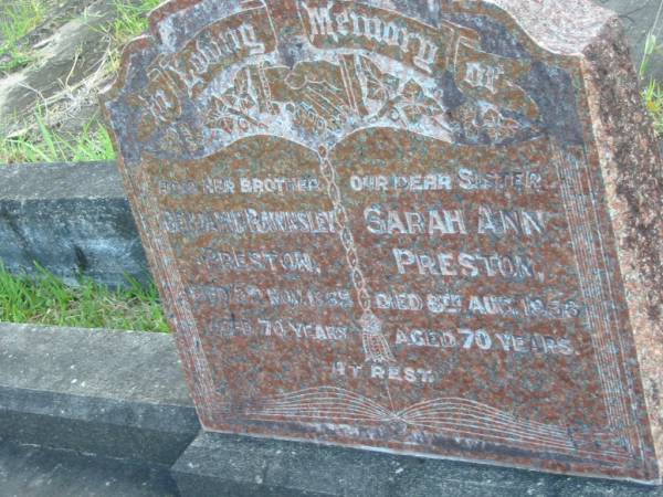 Benjamin Rawnsley PRESTON  | d: 2 Nov 1965, aged 70  | Sarah Ann PRESTON  | d: 8 Aug 1958, aged 70  | Mt Cotton / Gramzow / Cornubia / Carbrook Lutheran Cemetery, Logan City  |   | 