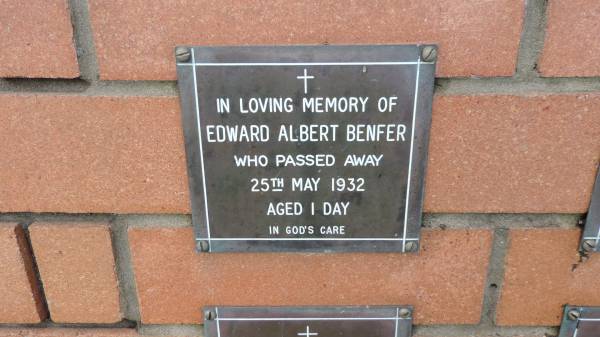 Edward Albert BENFER  | d: 25 May 1932, aged 1 d  |   | Mount Cotton St Pauls Lutheran Columbarium wall  |   | 