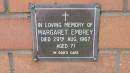 Margaret Embrey
d: 29 Aug 1967, aged 71
Mount Cotton St Pauls Lutheran Columbarium wall