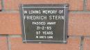 Friedrich Stern
d: 21 Feb 1985, aged 87
Mount Cotton St Pauls Lutheran Columbarium wall