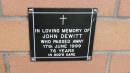 John DeWitt
d: 17 Jun 1999, aged 76
Mount Cotton St Pauls Lutheran Columbarium wall