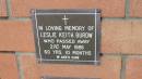 Leslie Keith Burow
d: 21 May 1986, aged 60 yrs 10 Mo
Mount Cotton St Pauls Lutheran Columbarium wall