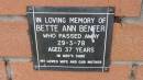 Bette Ann Benfer
d: 29 Mar 1978, aged 37
Mount Cotton St Pauls Lutheran Columbarium wall