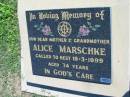 Alice MARSCHKE
18 Mar 1999, aged 74
Mount Beppo Apostolic Church Cemetery