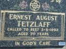 Ernest August TETZLAFF
3 May 1992, aged 70
Mount Beppo Apostolic Church Cemetery