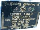 Esther Emilie BRIESCHKE
b: Apr 1923, d: Mar 1991, aged 68
Mount Beppo Apostolic Church Cemetery