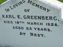 Karl E GREENBERG
18 Mar 1928, aged 52
Mount Beppo Apostolic Church Cemetery