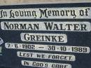 Norman Walter GREINKE
b: 7 Jun 1902, d: 30 Oct 1989
Mount Beppo Apostolic Church Cemetery