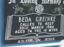 Beda GREINKE
30 Mar 1984, aged 74 years 10 months
Mount Beppo Apostolic Church Cemetery