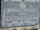 Martha Augusta HILL
(wife of John Reginald)
22 Feb 1982, aged 81
Mount Beppo Apostolic Church Cemetery