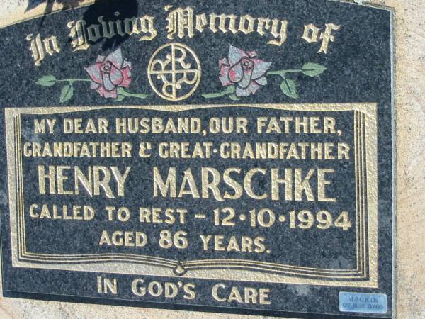 Henry MARSCHKE  | 12 Oct 1994, aged 86  | Mount Beppo Apostolic Church Cemetery  | 