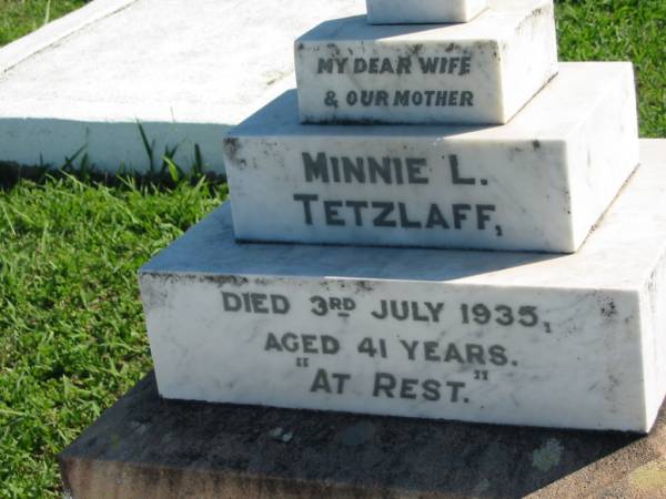 Minnie L TETZLAFF  | 3 Jul 1935, aged 41  | Mount Beppo Apostolic Church Cemetery  | 