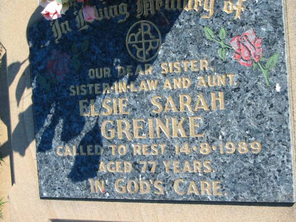 Elsie Sarah GREINKE  | 14 Aug 1989, aged 77  | Mount Beppo Apostolic Church Cemetery  | 