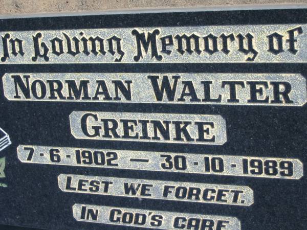 Norman Walter GREINKE  | b: 7 Jun 1902, d: 30 Oct 1989  | Mount Beppo Apostolic Church Cemetery  | 