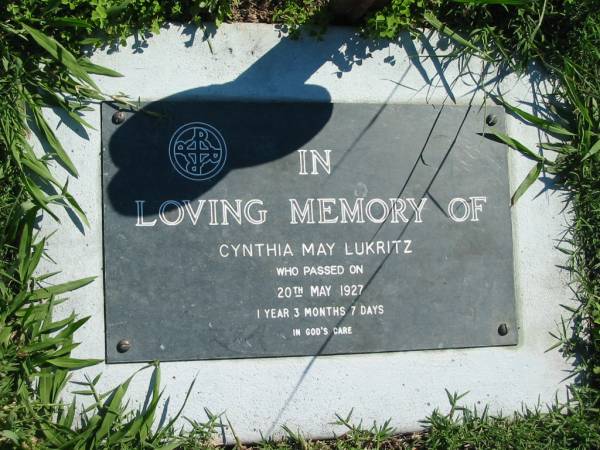 Cynthia May LUKRITZ  | 20 May 1927, aged 1 year 3 months 7 days  | Mount Beppo Apostolic Church Cemetery  | 