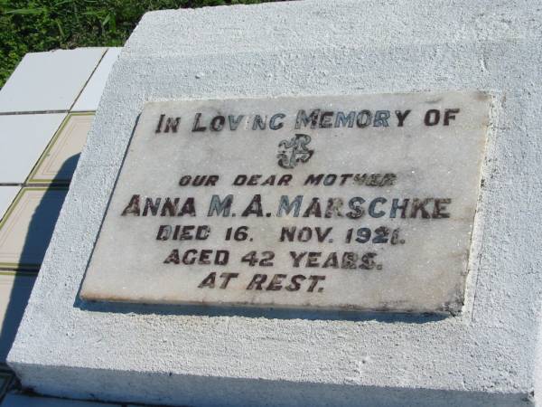 Anna M A MARSCHKE  | 16 Nov 1921, aged 42  | Mount Beppo Apostolic Church Cemetery  | 