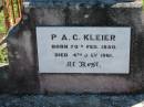 P.A.C. KLEIER,
born 20 Feb 1880 died 4 July 1961;
Mt Beppo General Cemetery, Esk Shire