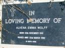 Alvena Emma WOLFF,
born 30 Nov 1912 died 22 March 1992;
Mt Beppo General Cemetery, Esk Shire