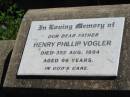 Henry Phillip VOGLER, father,
died 3 Aug 1994 aged 96 years;
Mt Beppo General Cemetery, Esk Shire