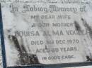 Louisa Alma VOGLER, wife mother,
died 3 Dec 1970 aged 69 years;
Mt Beppo General Cemetery, Esk Shire