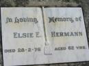 Elsie E. HERMANN,
died 28-2-76 aged 62 years;
Mt Beppo General Cemetery, Esk Shire