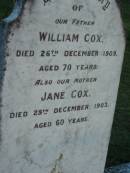 
William COX; 26 Dec 1909; aged 70
Jane COX; 25 Dec 1903; aged 60
Mt Mee Cemetery, Caboolture Shire
