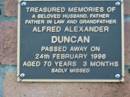 
Alfred Alexander DUNCAN; D: 24 Feb 1996; aged 70 years 3 months
Mt Mee Cemetery, Caboolture Shire

