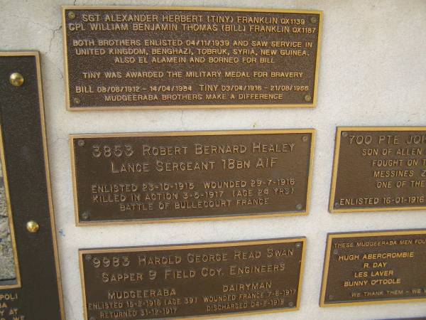 Robert Bernard HEALEY; KIA 3-5-1917 aged 24  |   | War Memorial, Elsie Laver Park, Mudgeeraba  | 