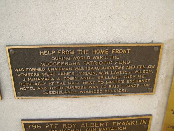 Isaac ANDREWS  | James LYNDON  | W.H. LAVER  | J.WILSON  | J McNAMARA  | A TOBIN  | J SPILLANE  | (Mudgeeraba Patriotic Fund)  | War Memorial, Elsie Laver Park, Mudgeeraba  | 
