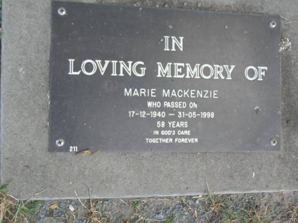 Marie MACKENZIE,  | 17-12-1940 - 31-05-1998 aged 58 years;  | Mudgeeraba cemetery, City of Gold Coast  | 