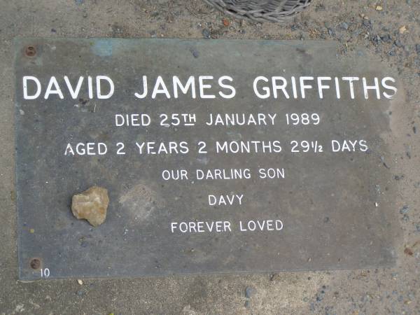 David (Davy) James Griffiths,  | died 25 an 1989 aged 2 years 2 months 29 1/2 days,  | son;  | Mudgeeraba cemetery, City of Gold Coast  | 